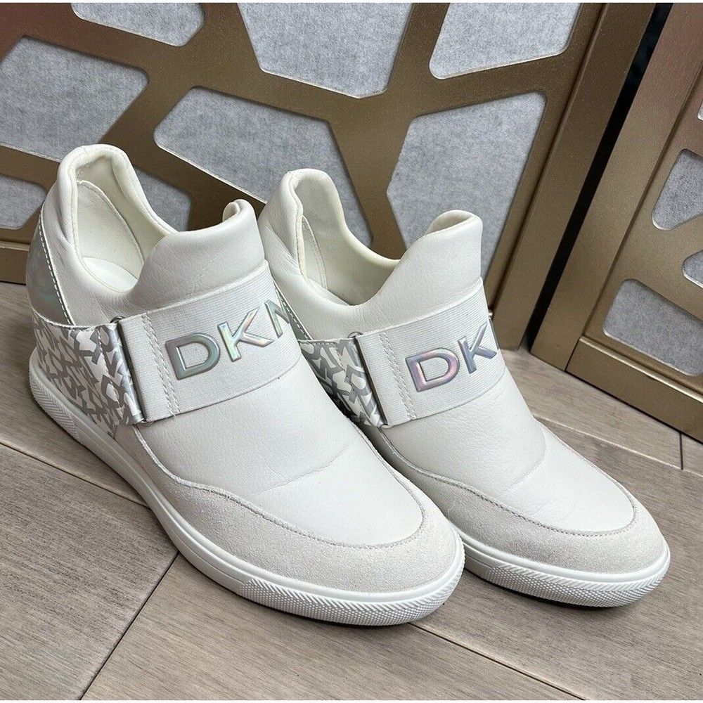 DKNY Women Slip on Wedge Sneaker Shoes 8 M  Cosmos  White Leather/ Textile